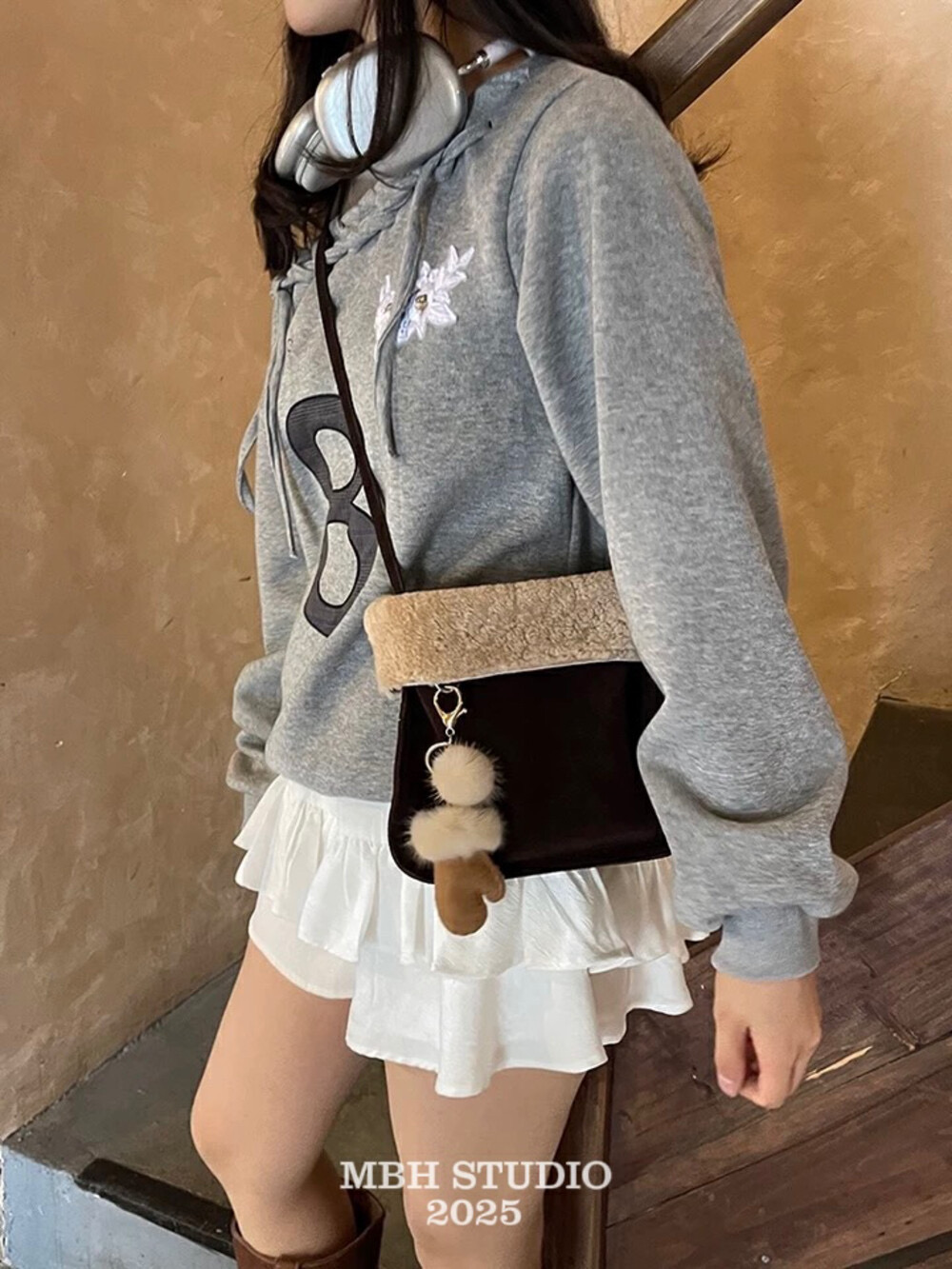 MBH Frosted Leather and Lambswool Crossbody Phone Bag with Pendant and Strap - Image 2