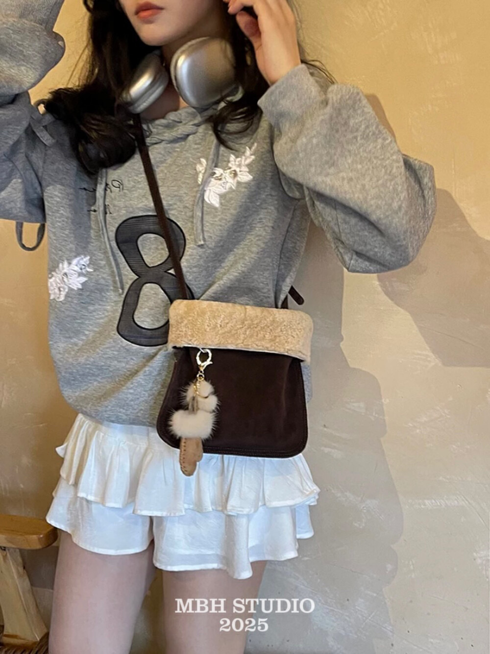 MBH Frosted Leather and Lambswool Crossbody Phone Bag with Pendant and Strap - Image 4
