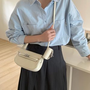 MBH Top Grain Leather Litchi Pattern Kelly Bag 2-in-1 Silver Buckle Crossbody Bag with Mini Bag