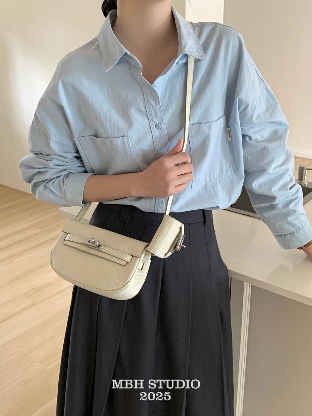 MBH Top Grain Leather Litchi Pattern Kelly Bag 2-in-1 Silver Buckle Crossbody Bag with Mini Bag