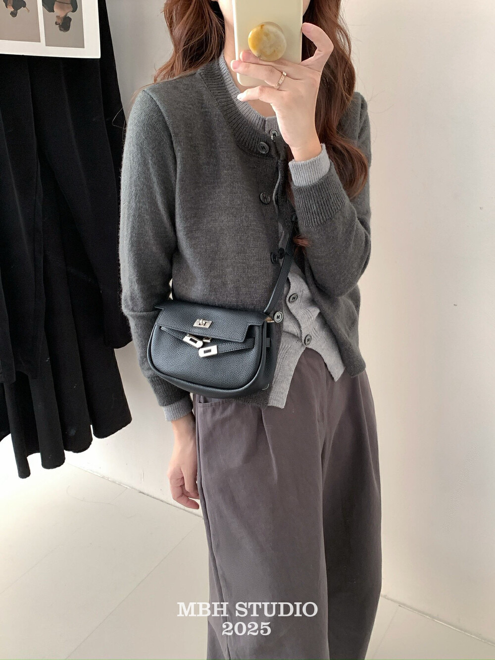 MBH Top Grain Leather Litchi Pattern Kelly Bag 2-in-1 Silver Buckle Crossbody Bag with Mini Bag - Image 2