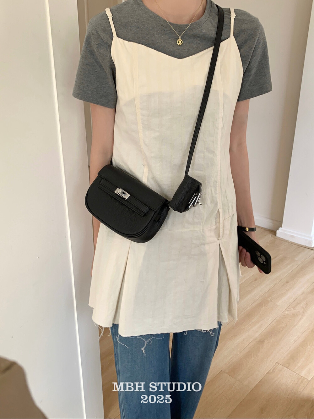 MBH Top Grain Leather Litchi Pattern Kelly Bag 2-in-1 Silver Buckle Crossbody Bag with Mini Bag - Image 4