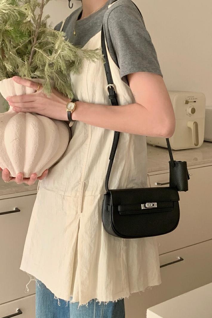 MBH Top Grain Leather Litchi Pattern Kelly Bag 2-in-1 Silver Buckle Crossbody Bag with Mini Bag - Image 5