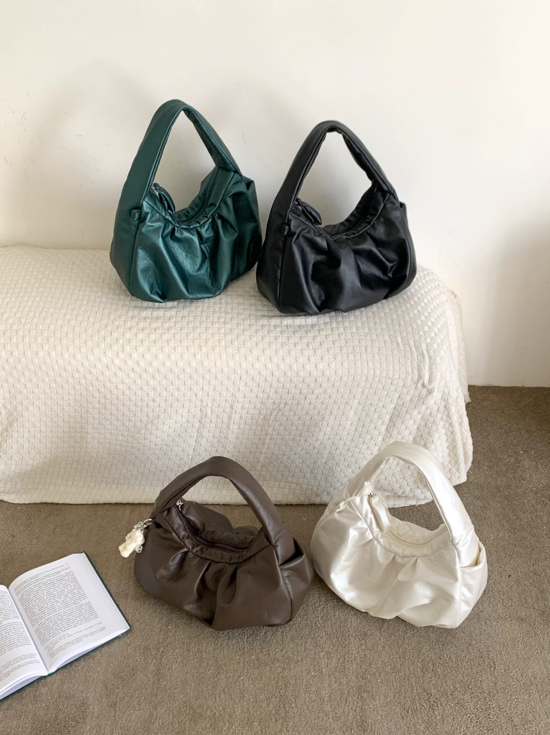 2025 Spring Korean Ruched Soft PU Solid Color Dumpling Handbag Shoulder Bag