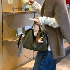 MBH Elephant Grain Top Layer Cowhide Sage Green Slouchy Tote Bag Large Capacity Commuter Handbag Shoulder Bag