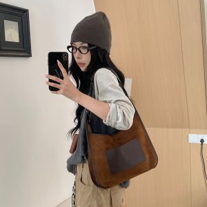 MBH Frosted Leather Colorblock Tote Bag Small Daily Commute Shoulder Bag with Storage Pouch