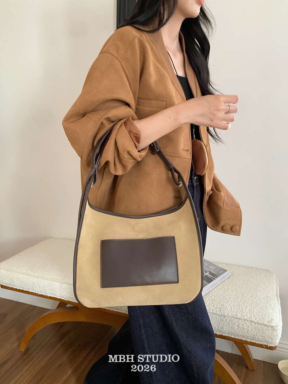 MBH Frosted Leather Colorblock Tote Bag Small Daily Commute Shoulder Bag with Storage Pouch - Image 2