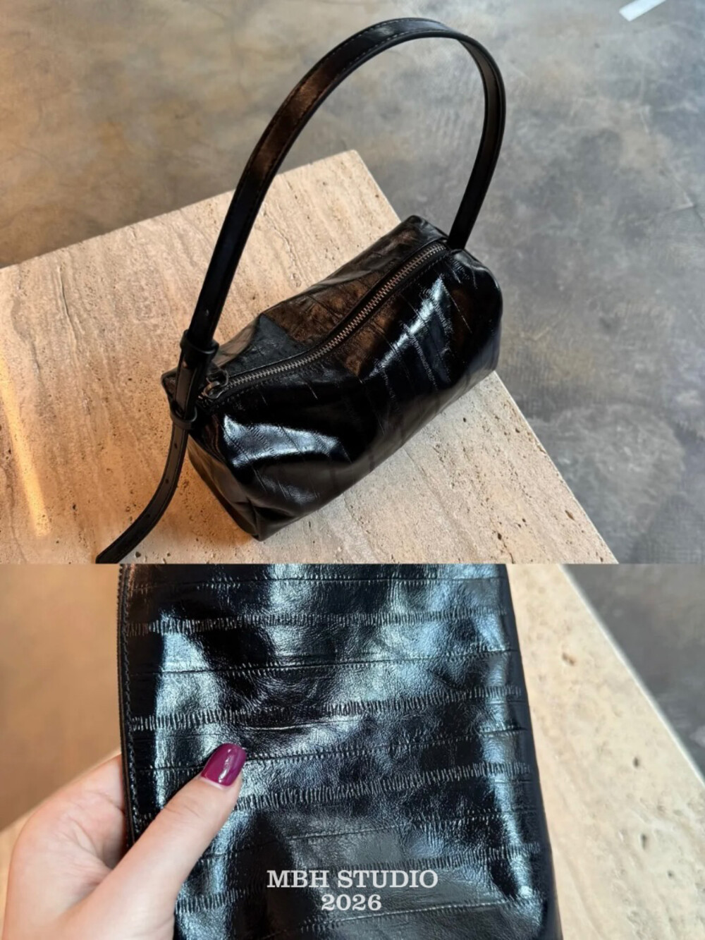 MBH Top Layer Cowhide Eel Texture Cylinder Bag Leather Handbag Shoulder Bag - Image 2
