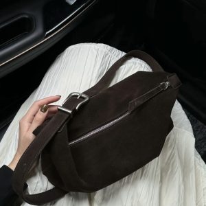 MBH Matte Brushed Leather Dumpling Bag with Antique Silver Buckle and Wide Strap
