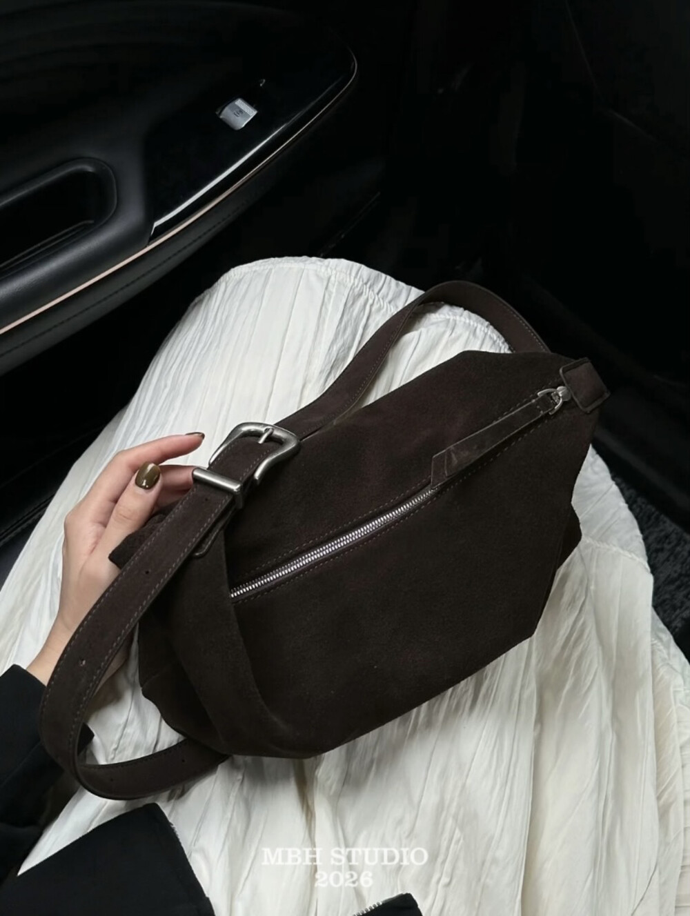 MBH Matte Brushed Leather Dumpling Bag with Antique Silver Buckle and Wide Strap