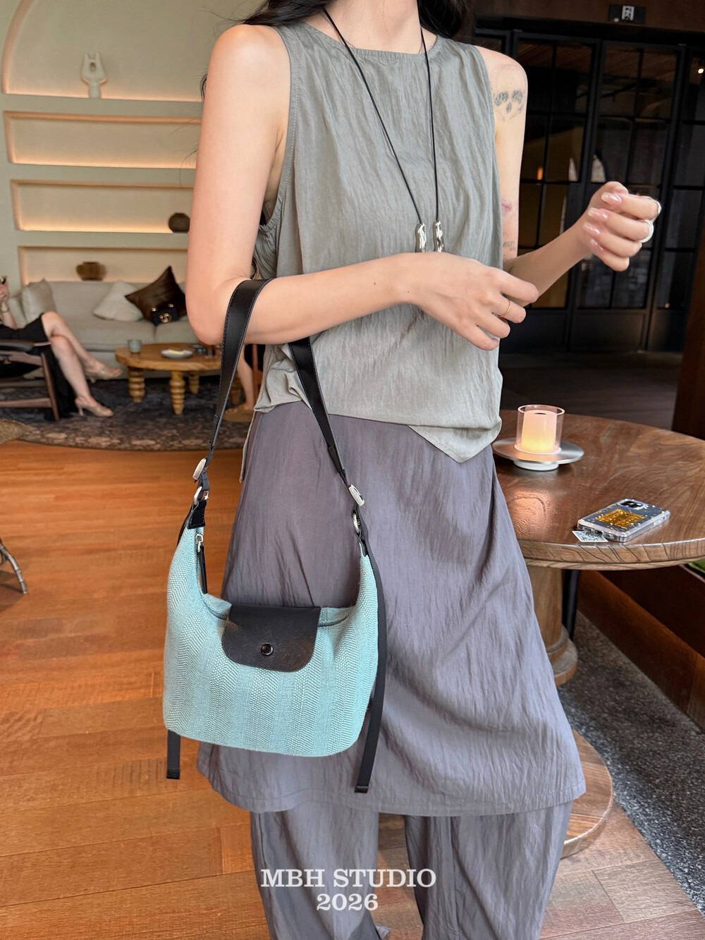 MBH Cowhide and Cotton Linen Color Block Dumpling Bag Casual Commuter Handbag Crossbody with Shoulder Strap - Image 4