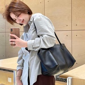 MBH Top-Grain Leather Litchi Texture Long-Handle Tote Bag Minimalist Commuter Large-Capacity Shoulder Bag