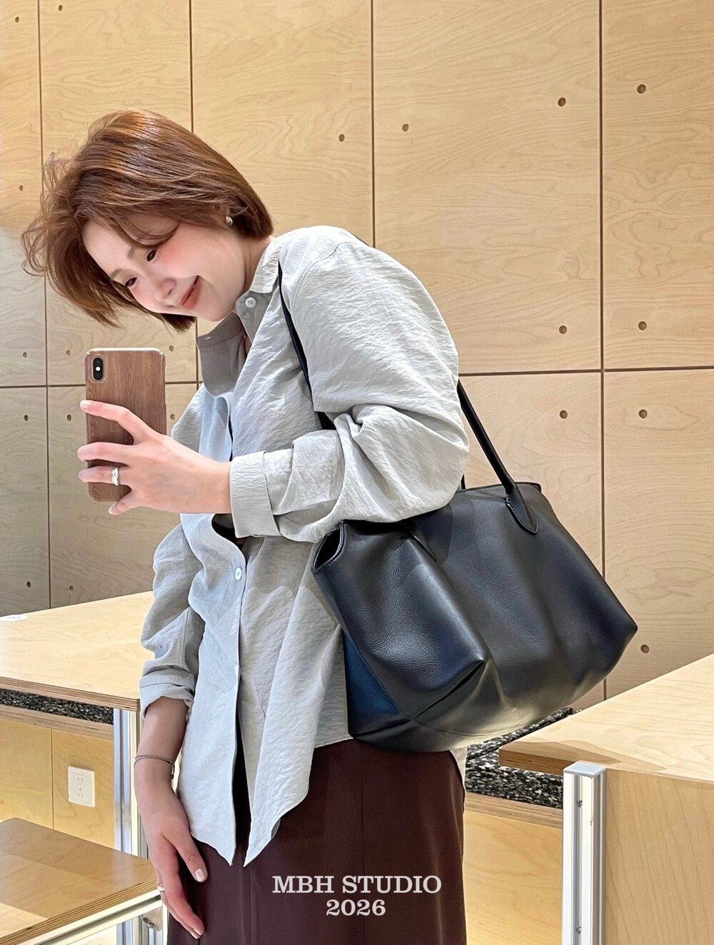 MBH Top-Grain Leather Litchi Texture Long-Handle Tote Bag Minimalist Commuter Large-Capacity Shoulder Bag