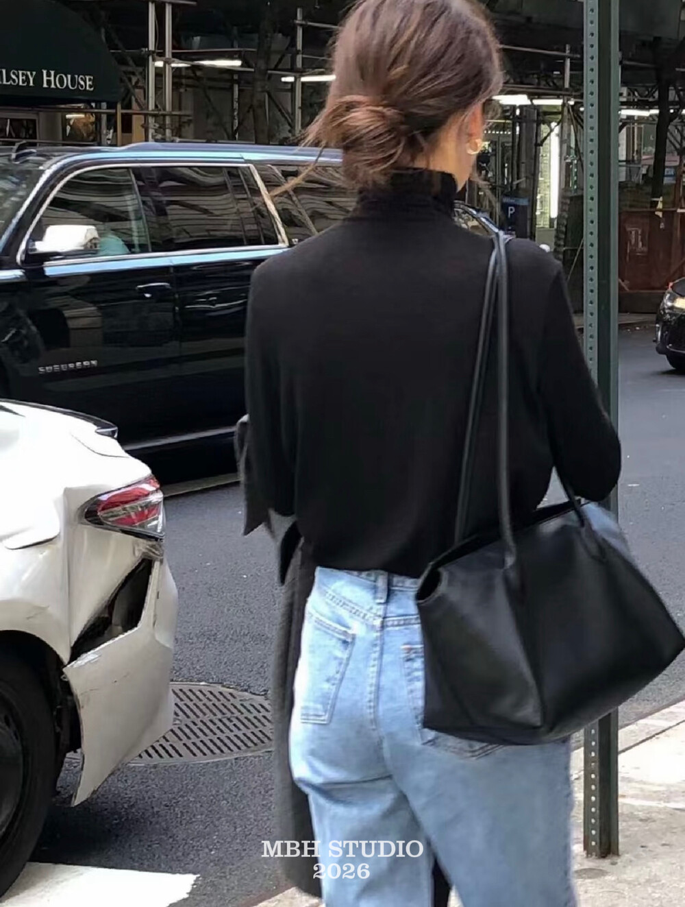 MBH Top-Grain Leather Litchi Texture Long-Handle Tote Bag Minimalist Commuter Large-Capacity Shoulder Bag - Image 2