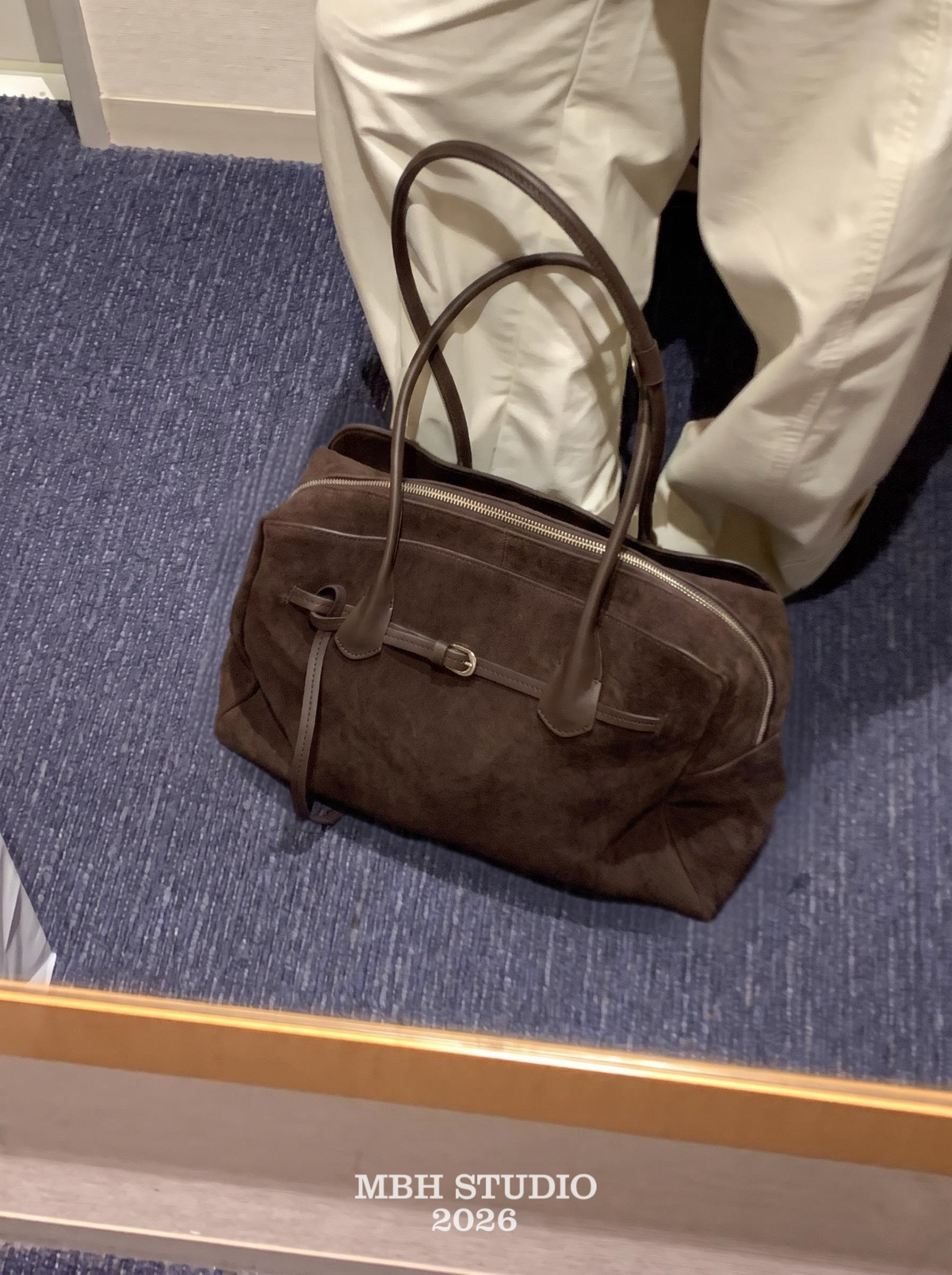 MBH Suede One-Strap Buckle Boston Bag Large-Capacity Commuter Shoulder Bag