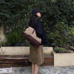 MBH Linen and Top-Grain Leather Boston Bag Large Capacity Relaxed Commute Shoulder Bag