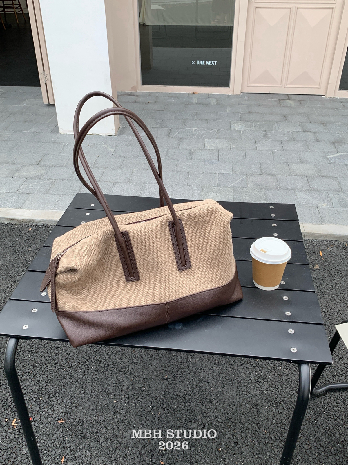 MBH Linen and Top-Grain Leather Boston Bag Large Capacity Relaxed Commute Shoulder Bag - Image 4